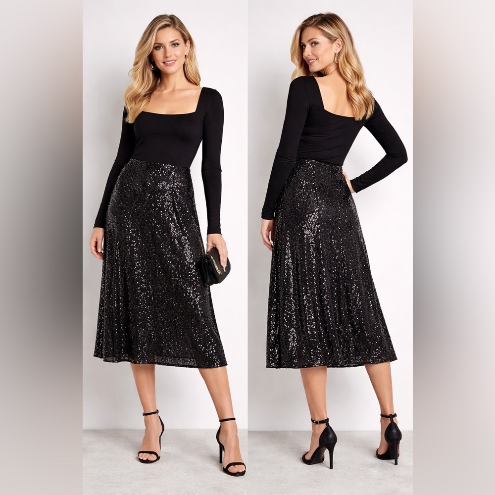 Pure Collection Black Sequin Midi Skirt Size US 8 Women’s Party Evening Glam